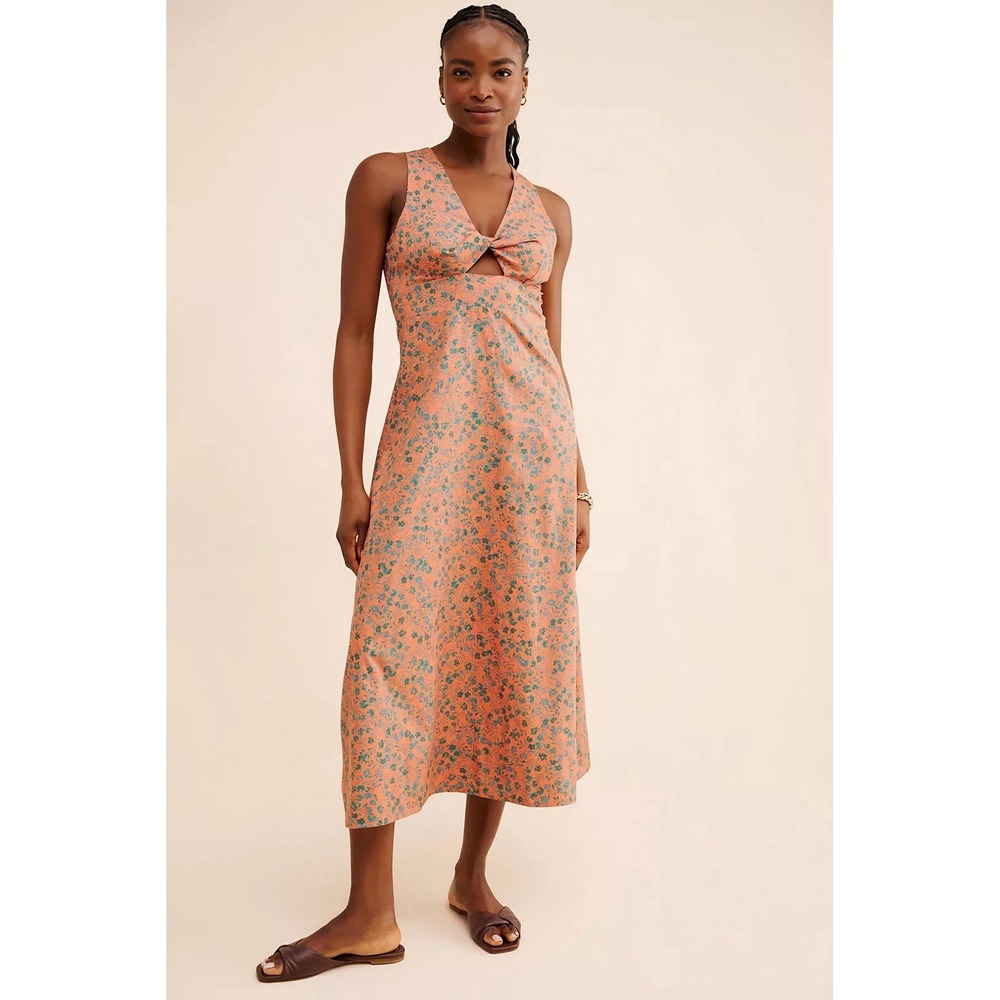 Madewell Stephanie Twist-Front Boho‎ Vibe Midi Dress Floral Print Orange Size 0
